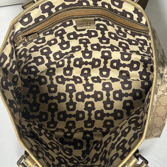 GUCCI Sherry Line Auth GG Pattern Gold Beige Canvas Leather Shoulder Tote Bag - Picture 13 of 16